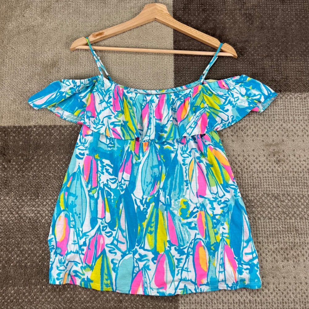 Lilly Pulitzer Womens Medium Blue Sailboat Print Ruffle Tamiami Shoulder Top